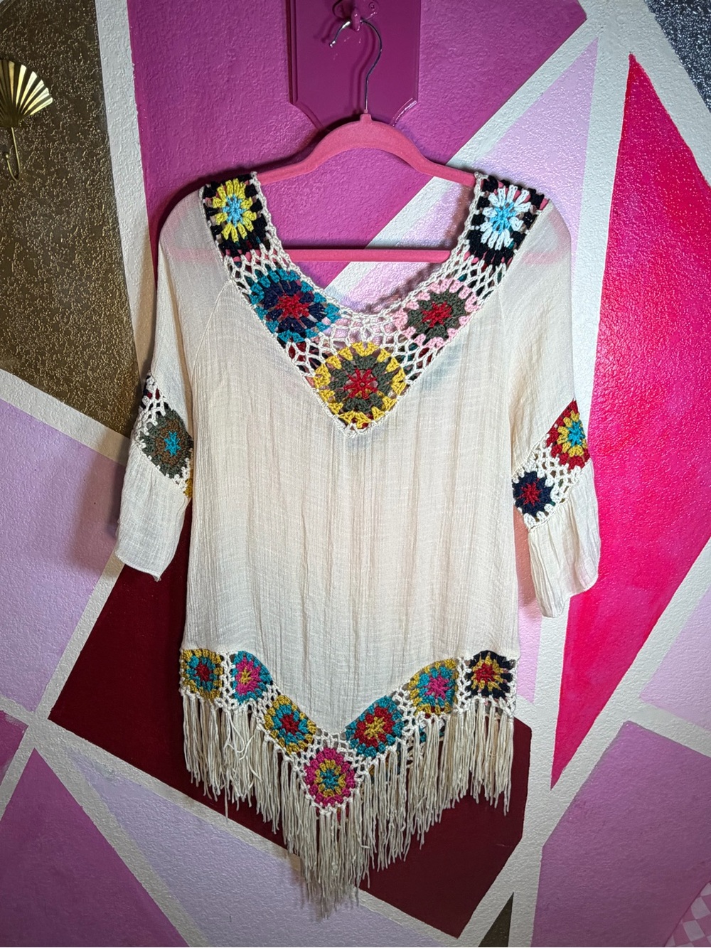 Dasayo Boho Crochet Fringe Tunic Cover Up Cream S/M